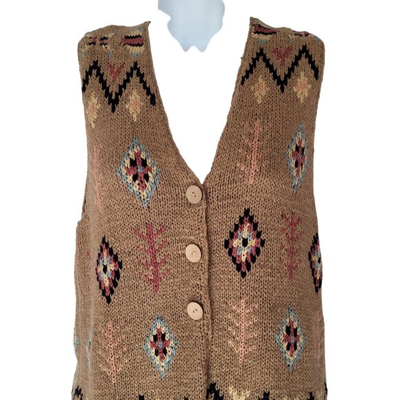 Vintage Northern Isles Knitted Sweater Vest S Beige Geometric Y2K Aztec 3 Button - Picture 2 of 10